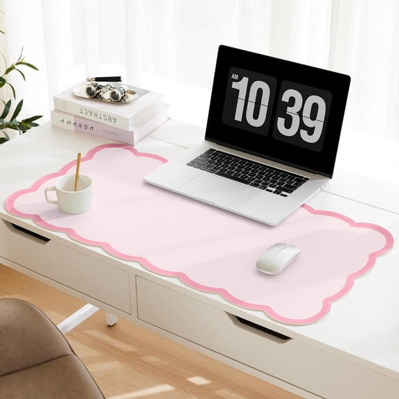 Scalloped Desk Mat, 31.5" x 15.7" Large Cute Aesthetic Accessories, PU Leather Computer Laptop Mouse Keyboard Pad, Writing Mat for Vanity/Work/Home Decor (Pink, 15.7")