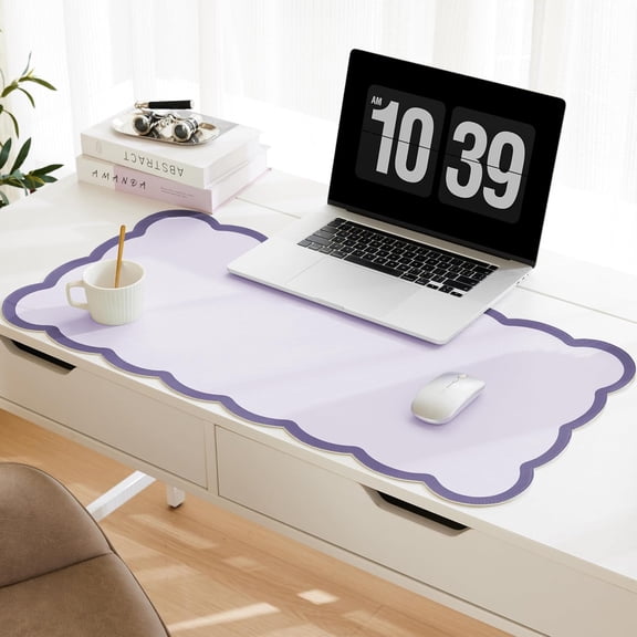 Scalloped Desk Mat, 31.5" x 15.7" Large Cute Aesthetic Desk Accessories, PU Leather Computer Laptop Desk Mouse Keyboard Pad, Desk Writing Mat for Vanity/Work/Home Decor Purple