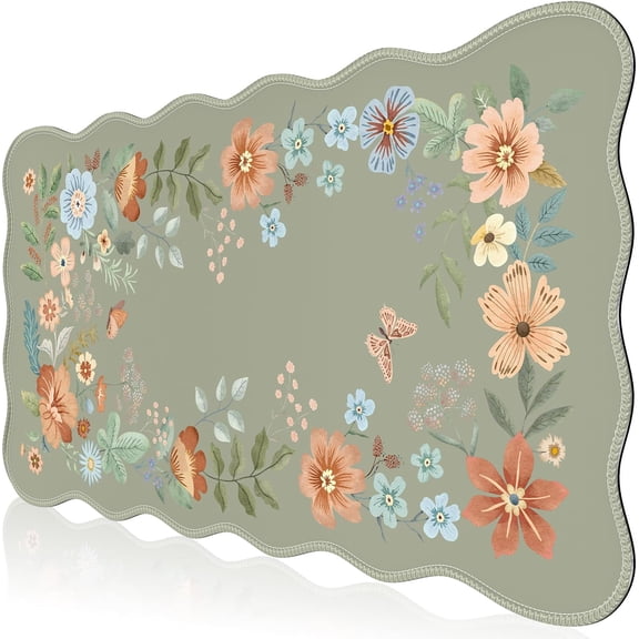 Scalloped Desk Mat for Keyboard and Mouse, Scalloped Large Mouse Pad, Floral Desk Pad Mat, Anti-Slip Big Mousepad with Stitched Edges for Computer (Bean Green)