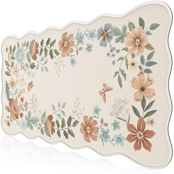 Scalloped Desk Matt for Desktop, Non-Slip Mouse Pad, Washable Cute Desk Pad Mat, Floral Keyboard Mat with Edge Stitching, Large Mouse Mat for Office Aesthetics, Home Decor(Beige)