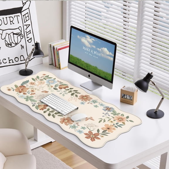 Scalloped Desk Matt for Desktop, Non-Slip Mouse Pad, Washable Cute Desk Pad Mat, Floral Keyboard Mat with Edge Stitching, Large Mouse Mat for Office Aesthetics, Home Decor(Beige)