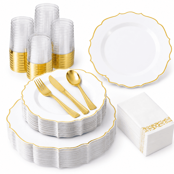 Scalloped Disposable Dinnerware Set for 50 Guests, 350 Piece