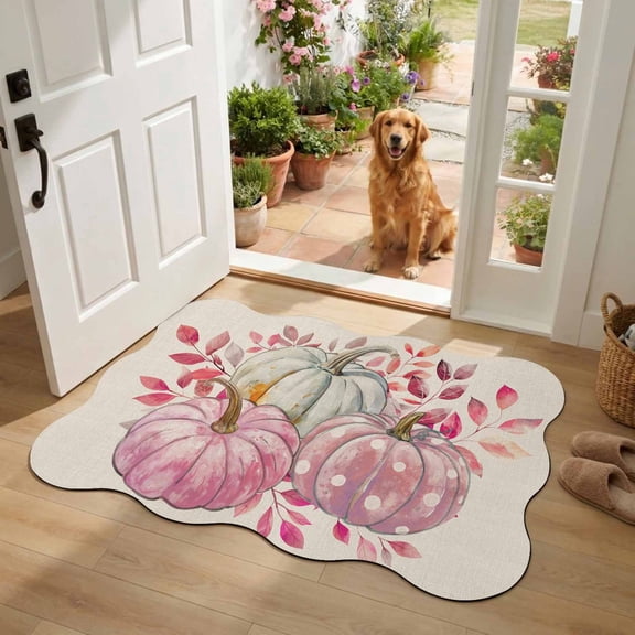 Scalloped Door Mat 16"x24",Pink Pumpkins Fall Absorbent Non Slip Welcome Mats for Front Door,Grey Pumpkins Harvest Thanksgiving Diatomaceous Entryway Rug for Bathroom Kitchen Sink Apartment Entrance
