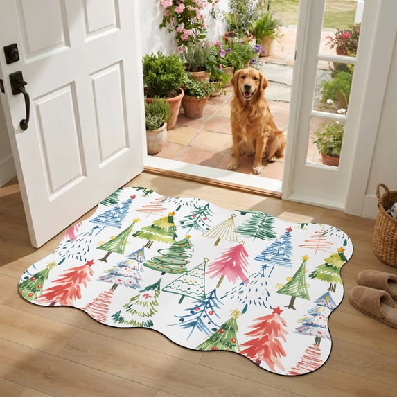 Scalloped Door Mat 18x30", Christmas Absorbent Non Slip Welcome Mats for Front Door, Cartoon Xmas Tree Winter Abstract Diatomaceous Entryway Rug for Indoor Bathroom Kitchen Apartment Entrance