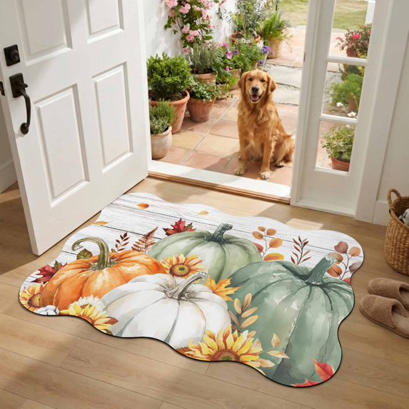 Scalloped Door Mat 18x30", Green Orange Fall Absorbent Non Slip Welcome Mats for Front Door, Pumpkins Botanical Thanksgiving Vintage Diatomaceous Entryway Rug for Indoor Bathroom Kitchen Entrance