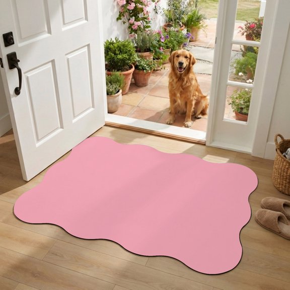 Scalloped Door Mat 20"x31.5", Pink Absorbent Non Slip Front Door Mat, Pure Pink Diatomaceous Entryway Rug for Indoor Patio Laundry Room Kitchen Door Entrance