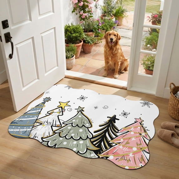 Scalloped Door Mat 24"x36", Christmas Tree Large Absorbent Non Slip Front Entrance Rug, Pink Green Blue Xmas Tree Snowflake Diatomaceous Welcome Mat for Indoor Double Door Garage Entryway Porch