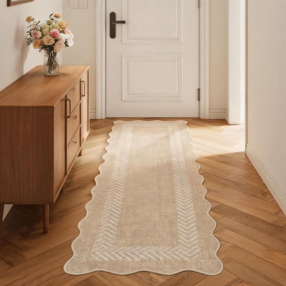 Scalloped Easy Jute 2x6 Kitchen Rugs Washable Non Slip Indoor Outdoor Runner for Entryway Patio Low Pile Scalloped Neutral Carpet Runner for Hallway Porch Doorway, Tan