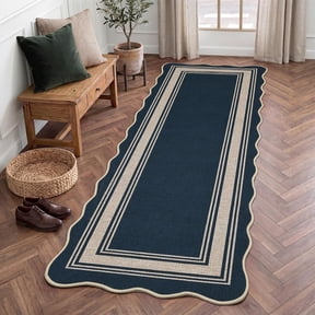 Scalloped Easy Jute 2x6 Kitchen Runner Rug, Washable Non Slip Rugs for Entryway Indoor Outdoor Long Rug, Farmhouse Morden Carpet for Hallway Bedroom Patio, Blue