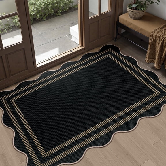 Scalloped Easy Jute Black Rug 2.6x4 Front Door Washable Mat Non Slip Small Kitchen Area Farmhouse Low Pile Floor Rugs For Entryway Porch Doorway