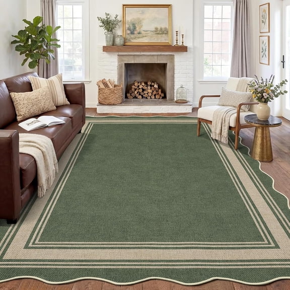 Scalloped Easy Jute Outdoor 9x12 Area Rug, Washable Indoor Green Geometric Rug Washable Farmhouse Outdoor Patio Rug Non Slip Stain Resistant Large Carpet Rugs for Bedroom Dining Room Backyard