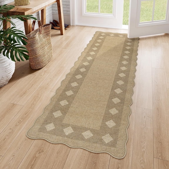 Scalloped Easy Jute Rug For Kitchen  Washable 2x6 Runner Tan Rugs Entryway Geometric Checkered Indoor Outdoor Farmhouse Non Slip Modern Carpet Door Mat Porch Hallway