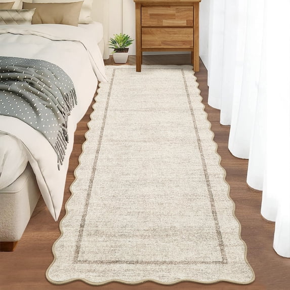 Scalloped Edge Area Rug – Non-Slip, Machine Washable Low Pile Indoor Carpet, Modern Farmhouse Floor Mat for Living Room, Bedroom, Nursery, Dining Room, Office