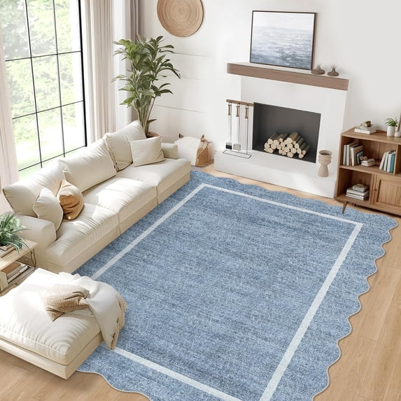 Scalloped Edge Area Rug – Non-Slip, Machine Washable Low Pile Indoor Carpet, Modern Farmhouse Floor Mat for Living Room, Bedroom, Nursery, Dining Room, Office