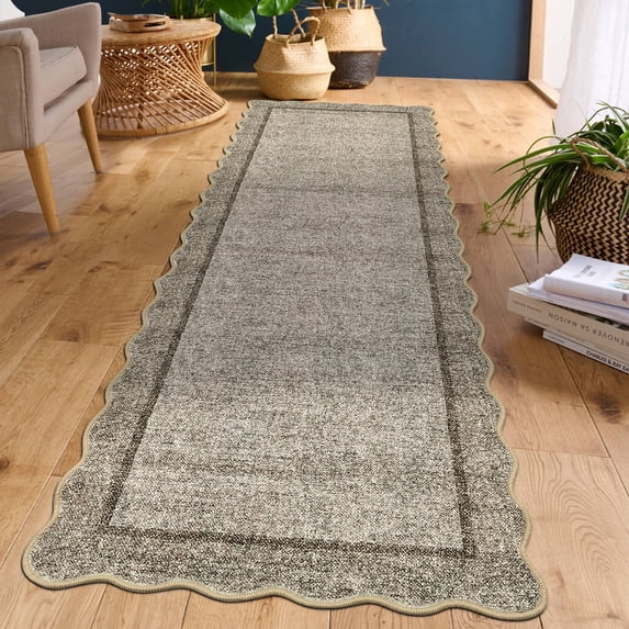 Scalloped Edge Area Rug – Non-Slip, Machine Washable Low Pile Indoor Carpet, Modern Farmhouse Floor Mat for Living Room, Bedroom, Nursery, Dining Room, Office
