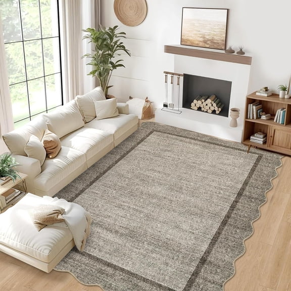 Scalloped Edge Area Rug – Non-Slip, Machine Washable Low Pile Indoor Carpet, Modern Farmhouse Floor Mat for Living Room, Bedroom, Nursery, Dining Room, Office