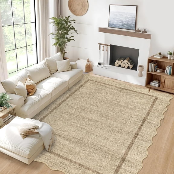 Scalloped Edge Area Rug – Non-Slip, Machine Washable Low Pile Indoor Carpet, Modern Farmhouse Floor Mat for Living Room, Bedroom, Nursery, Dining Room, Office