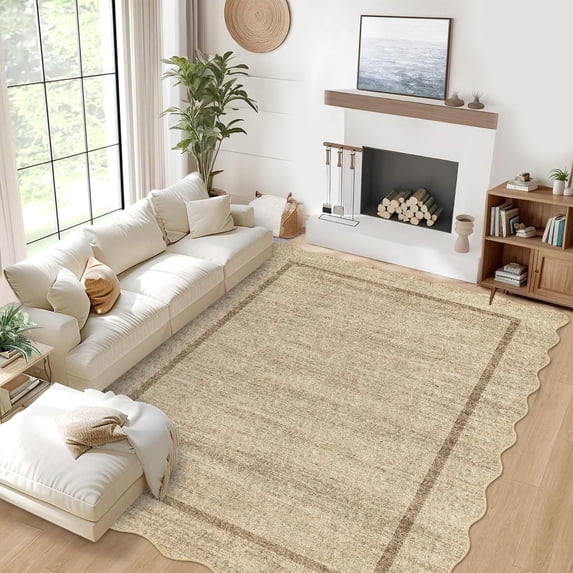 Scalloped Edge Area Rug – Non-Slip, Machine Washable Low Pile Indoor Carpet, Modern Farmhouse Floor Mat for Living Room, Bedroom, Nursery, Dining Room, Office
