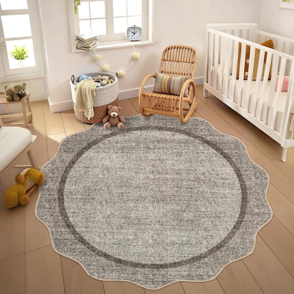 Scalloped Edge Area Rug – Non-Slip, Machine Washable Low Pile Indoor Carpet, Modern Farmhouse Floor Mat for Living Room, Bedroom, Nursery, Dining Room, Office