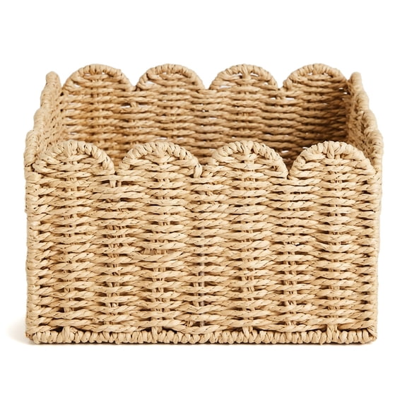 Scalloped Edge Basket Wicker Storage Baskets Handwoven Organizing Baskets for Shelves Paper Rope Design 9.45×9.45×5.71 in