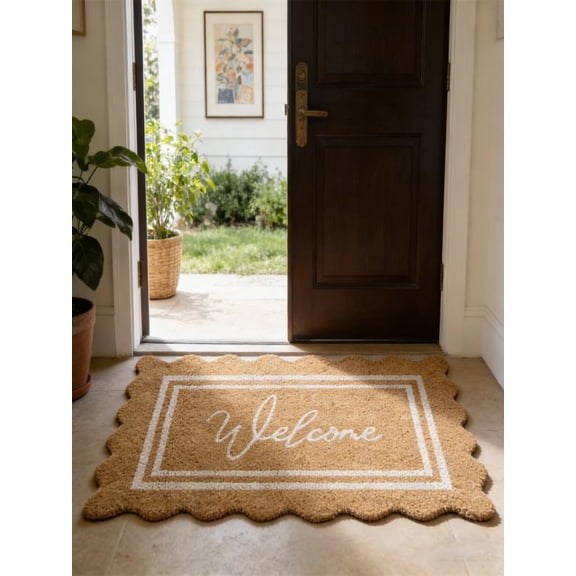 Scalloped Edge Coir Welcome Doormat, Natural Fiber Outdoor Mat for Front Entrance, Heavy-Duty Non-Slip Rug with Welcome Script & Double Border for Covered Porches & Entryways