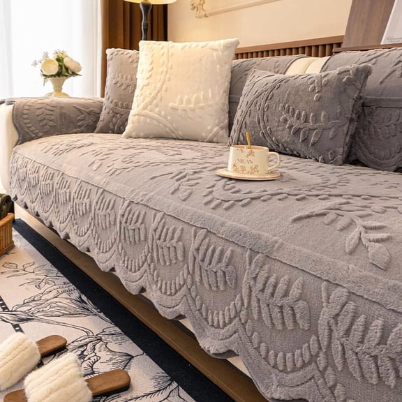 Scalloped Edge Couch Cover, Pet Friendly Plush Sofa Slipcover with 3D Leaf Pattern, Non Slip Washable Universal Sofa Protector for Sectional Sofa
