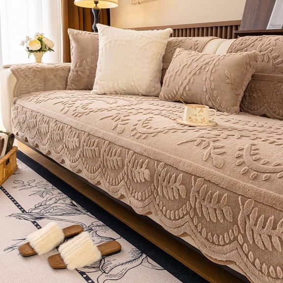 Scalloped Edge Couch Cover, Pet Friendly Plush Sofa Slipcover with 3D Leaf Pattern, Non Slip Washable Universal Sofa Protector for Sectional Sofa
