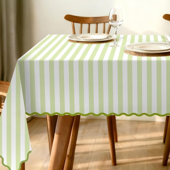 Scalloped Edge Green Striped Tablecloth Waterproof Fabric Tablecloth Rectangle Table Cover for Home Kitchen Table Decoration, 55 x 70 Inch