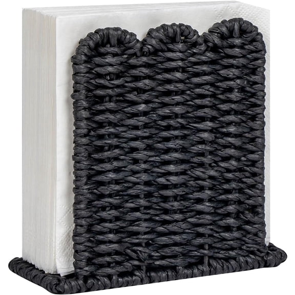 Scalloped Edge Napkin Holder for Table Home Rustic Room Decor, Paper Rope Napkin Dispenser for Kitchen Countertop Dining Hotel, Cocktail Napkin Holder for Indoor & Outdoor Party, Black