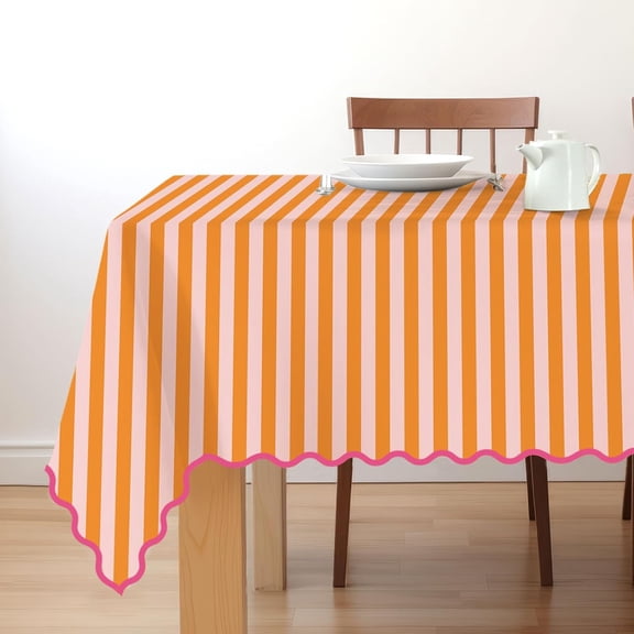 Scalloped Edge Orange Pink Striped Tablecloth Waterproof Fabric Tablecloth Rectangle Table Cover for Home Kitchen Table Decoration, 55 x 70 Inch