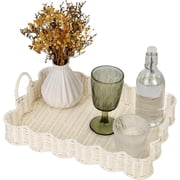 Scalloped Edge Rectangle Serving Tray, Coffee Table Tray, Wicker Serving Trays with Handles, Decorative Tray for Coffee Table, Woven Tray, 15  " 11  " 2  ", White