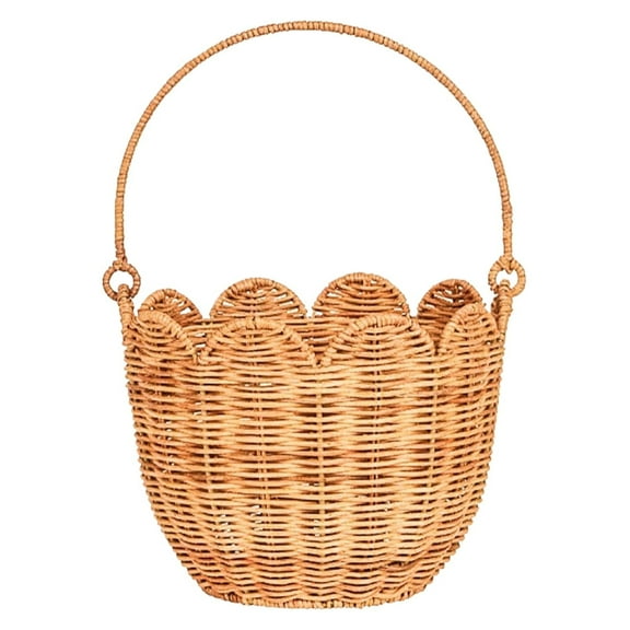Scalloped Edge Round Rattan Basket with Handle, Hand Woven Natural Seagrass Storage Basket for Shelves, Bathroom, Living Room, And Nursery Organization, Rustic Decor, Light Brown Harlik