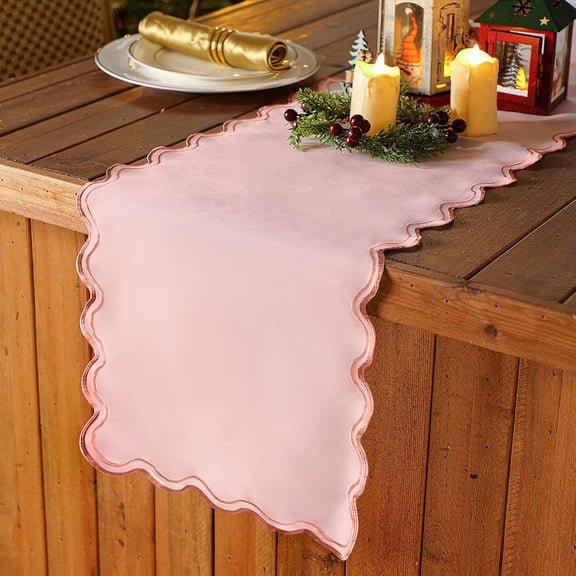 Scalloped Edge Table Runner Preppy Embroidery Edge Table Runner Neutral Rustic Dining Decor for Kitchen(Blush Pink, Peach)