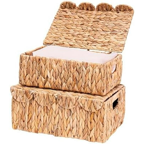 Scalloped Edge Wicker Basket with Lids, Rectangle Wicker Storage Basket with Built-in Handles, Multipurpose Organizer Rattan Display Boxes for Shelf, Nursery Room, Set of 2