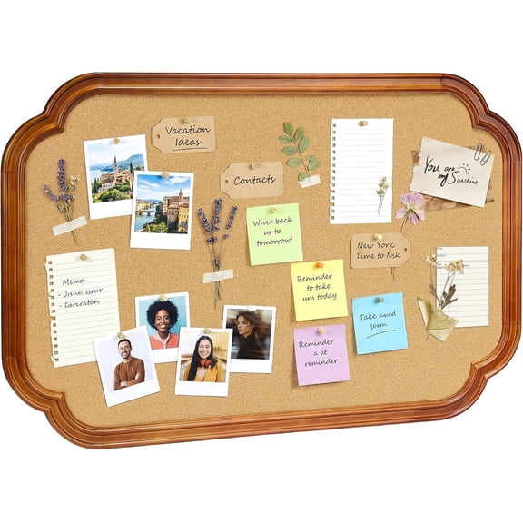 Scalloped Edge Wooden Frame Cork Board 30x20in (75x50CM) | Upgraded Durable Sugarcane Backboard, Vintage Brown, Decorative Hanging Pin Bulletin, Memory, Photos, Office, School, Home