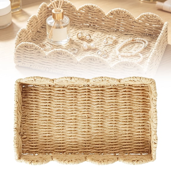 Scalloped Edge Woven Decorative Tray,8.78X6.6" Rectangular Hand‑Woven Rattan Storage Basket, Natural Fiber Organizer Tray, Rustic Wicker Countertop Decor Holder, Boho‑Style Tabletop Display Tray