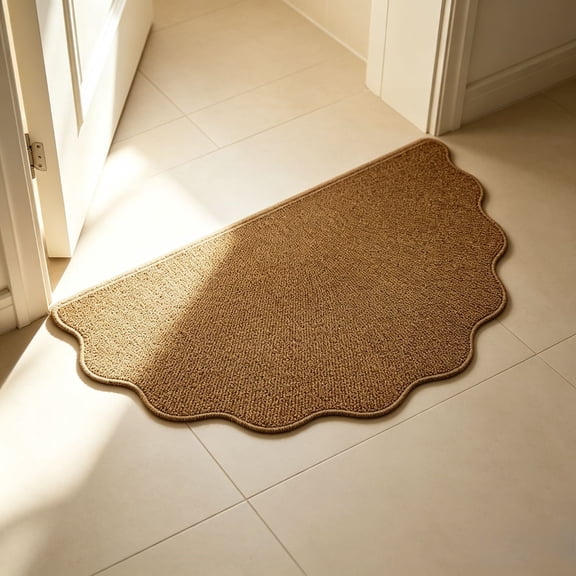 Scalloped Entryway Rug, Indoor Doormat, jute-look textured plastic floor mat, half-round woven accent, for home entrance and mudroom