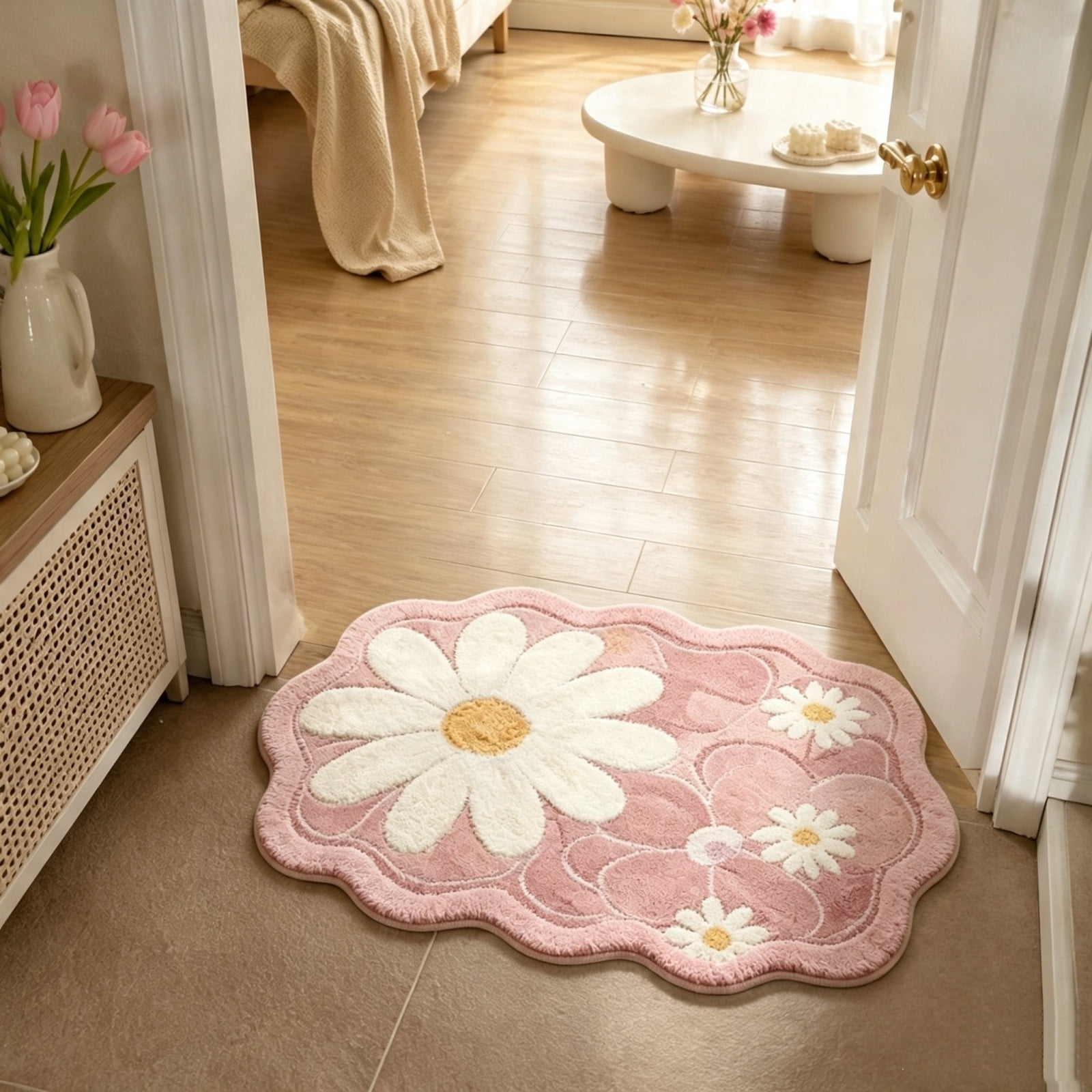 Pink Bloom Rug Scalloped Flower Shape Bath Mat Soft Microfiber Absorbent Rug for ...
