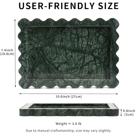 Scalloped Green Marble Tray - Large Decorative Stone Vanity Plate for Bathroom, Coffee Table, Kitchen Countertop & Entryway (10.6" x 7.4")