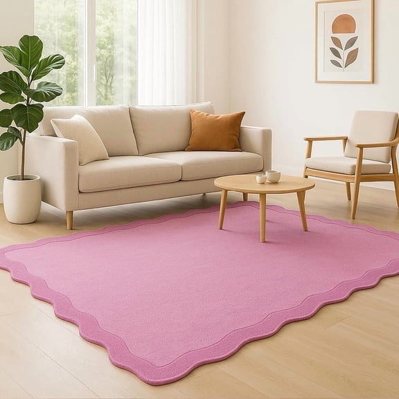 LoopCut Hand-Tufted 100% Wool Scalloped Area Rug, Soft Textured Wavy Edge Handmade Indoor Rug for Living Room, Bedroom & Dining Room, Dusty Rose, 10' x 14'