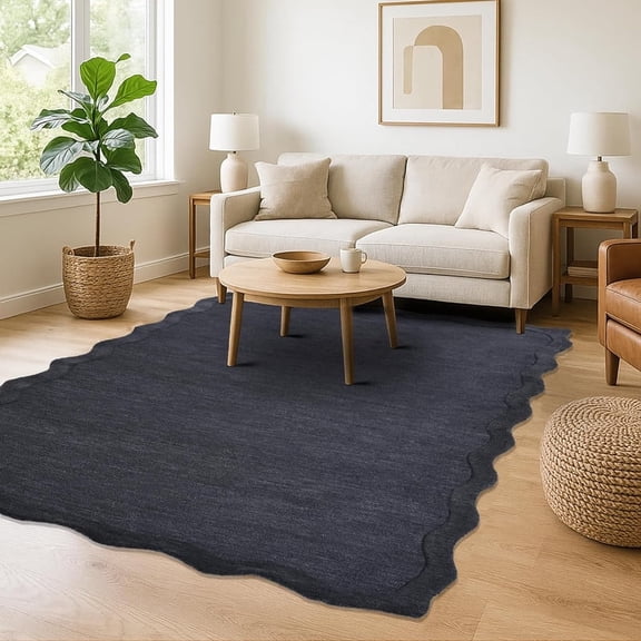 Scalloped Hand-Tufted Wool Area Rug 2.6' x 8' – Thick, Soft, Plain Textured Carpet for Living Room, Bedroom – Wavy Edge Accent Rugs with Cotton Backing – Charcoal Grey