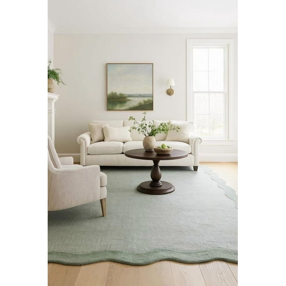 Scalloped Hand-Tufted Wool Area Rug 2.6' x 8' – Thick, Soft, Plain Textured Carpet for Living Room, Bedroom – Wavy Edge Accent Rugs with Cotton Backing – Sage Green