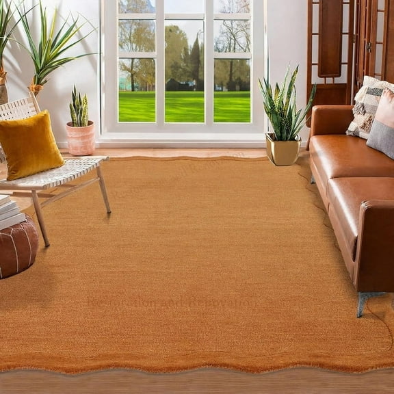 Scalloped Hand-Tufted Wool Area Rug 3' x 5' – Thick, Soft, Plain Textured Carpet for Living Room, Bedroom – Wavy Edge Accent Rugs with Cotton Backing – Burnt Orange