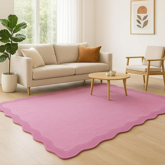 Scalloped Hand-Tufted Wool Area Rug 3' x 5' – Thick, Soft, Plain Textured Carpet for Living Room, Bedroom – Wavy Edge Accent Rugs with Cotton Backing – Dusty Rose