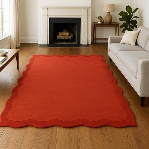 Scalloped Hand-Tufted Wool Area Rug 3' x 5' – Thick, Soft, Plain Textured Carpet for Living Room, Bedroom – Wavy Edge Accent Rugs with Cotton Backing – Rust Red