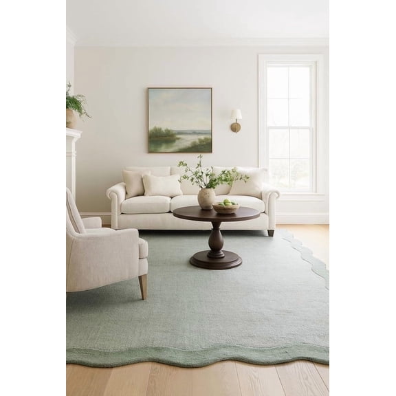 Scalloped Hand-Tufted Wool Area Rug 3' x 5' – Thick, Soft, Plain Textured Carpet for Living Room, Bedroom – Wavy Edge Accent Rugs with Cotton Backing – Sage Green