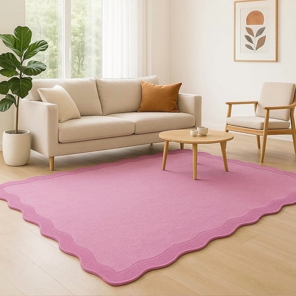 Scalloped Hand-Tufted Wool Area Rug 5' x 8' – Thick, Soft, Plain Textured Carpet for Living Room, Bedroom – Wavy Edge Accent Rugs with Cotton Backing – Dusty Rose
