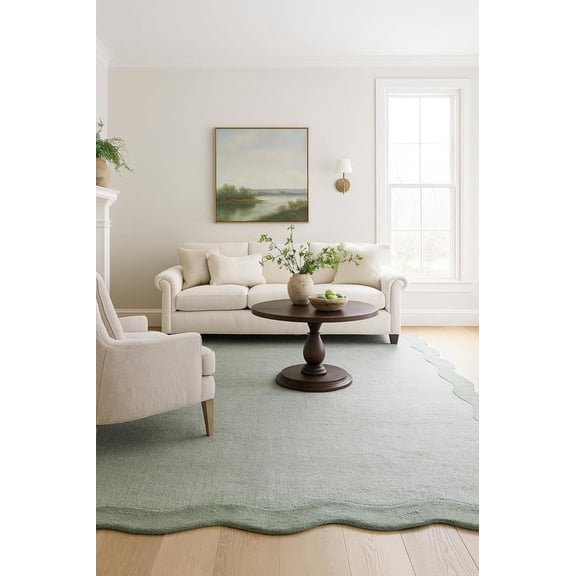 Scalloped Hand-Tufted Wool Area Rug 5' x 8' – Thick, Soft, Plain Textured Carpet for Living Room, Bedroom – Wavy Edge Accent Rugs with Cotton Backing – Sage Green