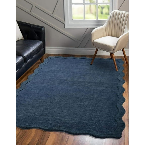 Scalloped Hand-Tufted Wool Area Rug 9' x 12' – Thick, Soft, Plain Textured Carpet for Living Room, Bedroom – Wavy Edge Accent Rugs with Cotton Backing – Navy Blue