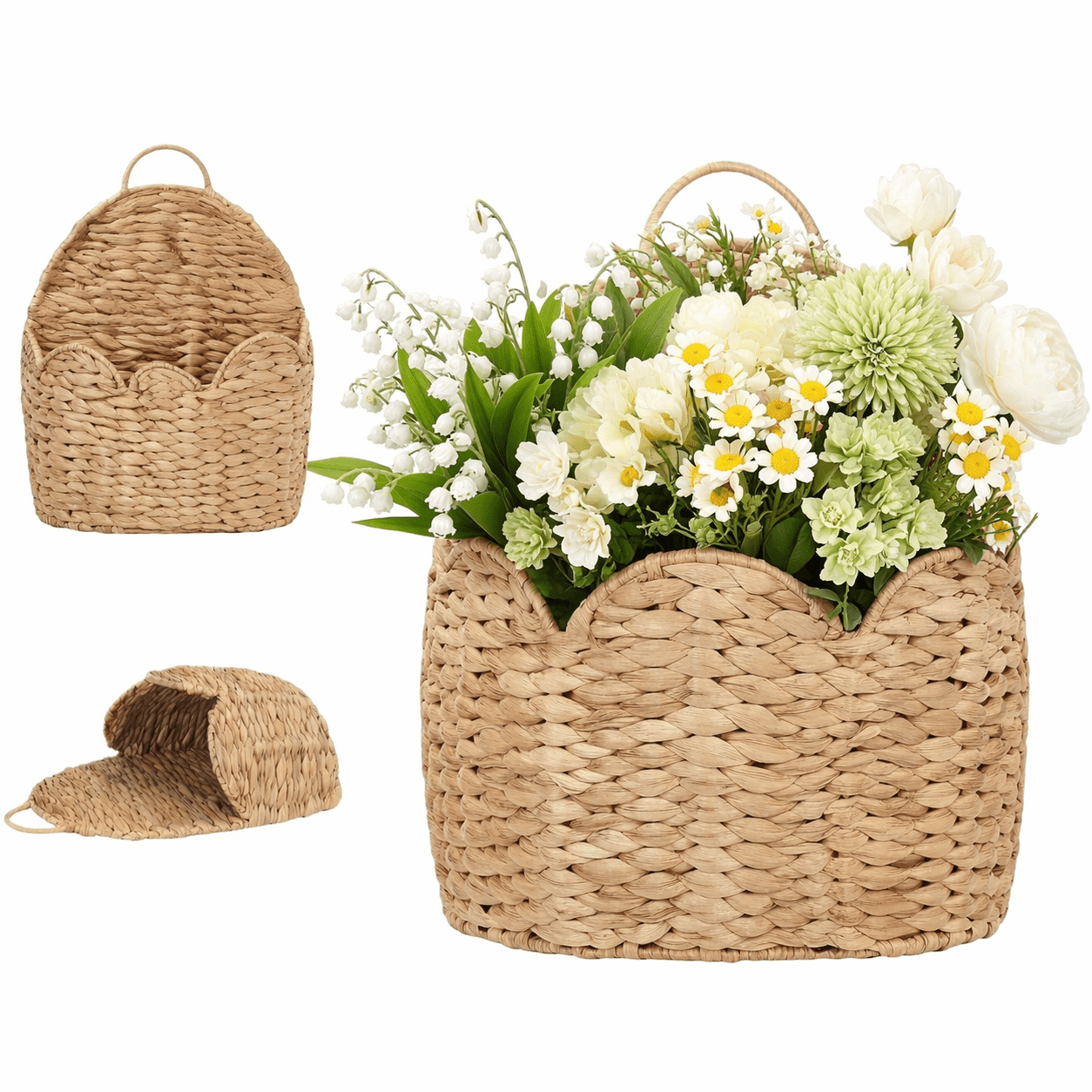 Scalloped Hanging Wall Basket Planter, Handwoven Water Hyacinth Wicker Basket for Front Door Decor, Farmhouse Wall Organizer for Flowers, Mail & Storage, Rustic Indoor Outdoor Home Decoration